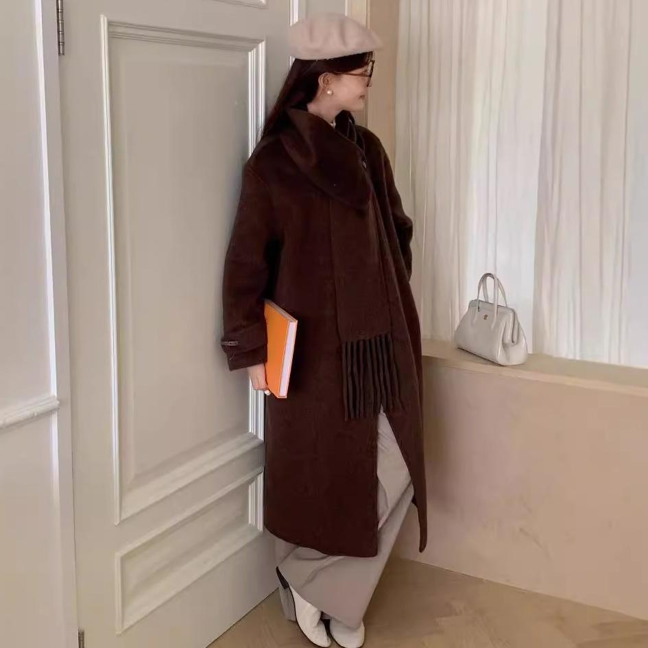 Korean Lace Detachable Tassel Scarf Horn Button Double-sided Wool Coat Mid-length Temperament Coat Warm and Loose
