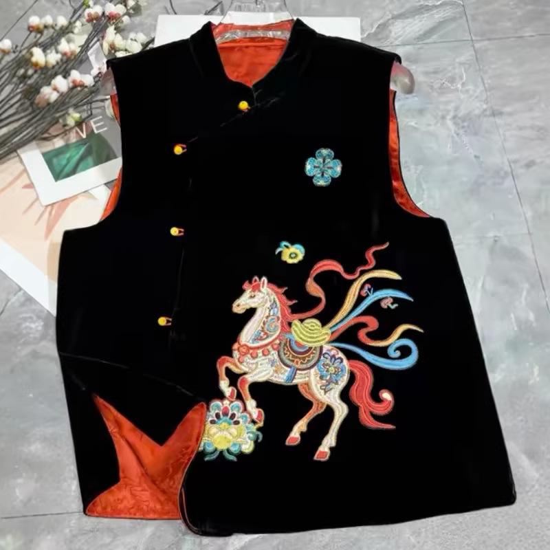 New Spring Silk Velvet Vest with Embroidery and Stand Collar - Women's Chinese National Style