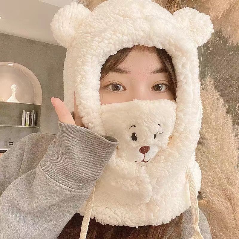 Cute Cartoon Bear Lamb Wool Beanie Hat for Women Soft Plush Headgear with Neck Warmer Casual Outdoor Mask Autumn Winter Adults