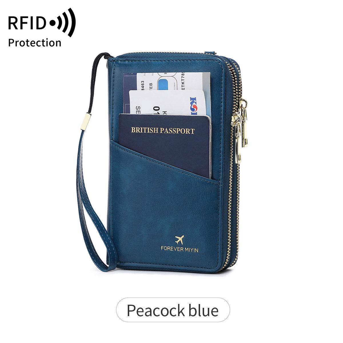 

2024 RFID Дорожный держатель для паспорта и органайзер для билетов с двойными молниями - Кроссбоди многофункциональный кошелек и сумка для документов. павлин голубой