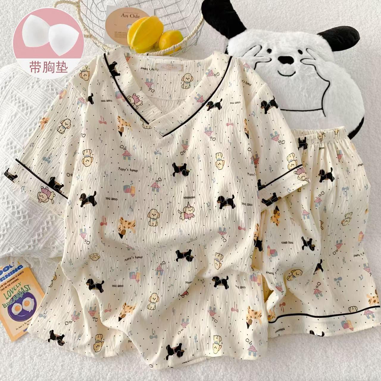 

GMXIA Women s Summer Cloud Cotton Ins Cute Short-sleeved Two-piece Set with Chest Pad, Summer Thin Style M