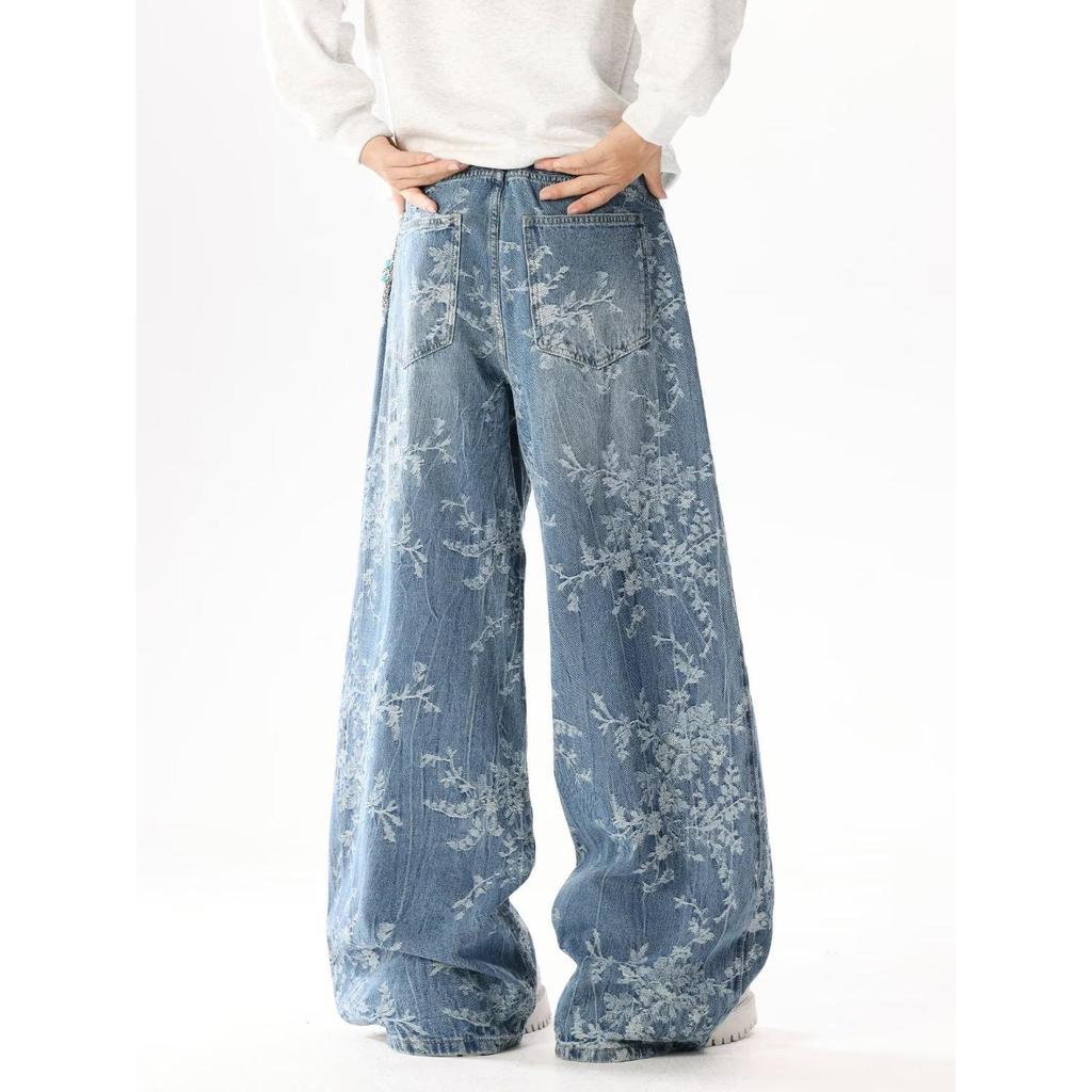 Unisex Retro Star Design Frayed Edge Wide Leg Jeans