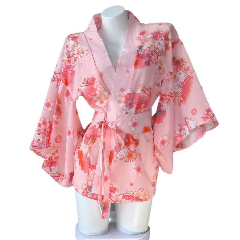 Sexy Lingerie Cheongsam Printed Open Placket Pink Temptation Kimono Set Performance Suit