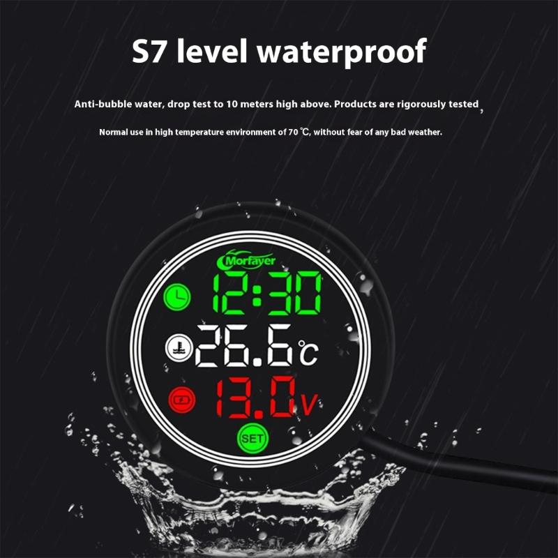 12V Motorcycle Voltmeter Voltage Gauge With Temperature Monitoring USB Type C Charging And Time Display