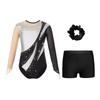 Girls Dance Long Sleeve Round Neck Leotard Patchwork Cutout Back with Shorts Hair Tie Headwear Set