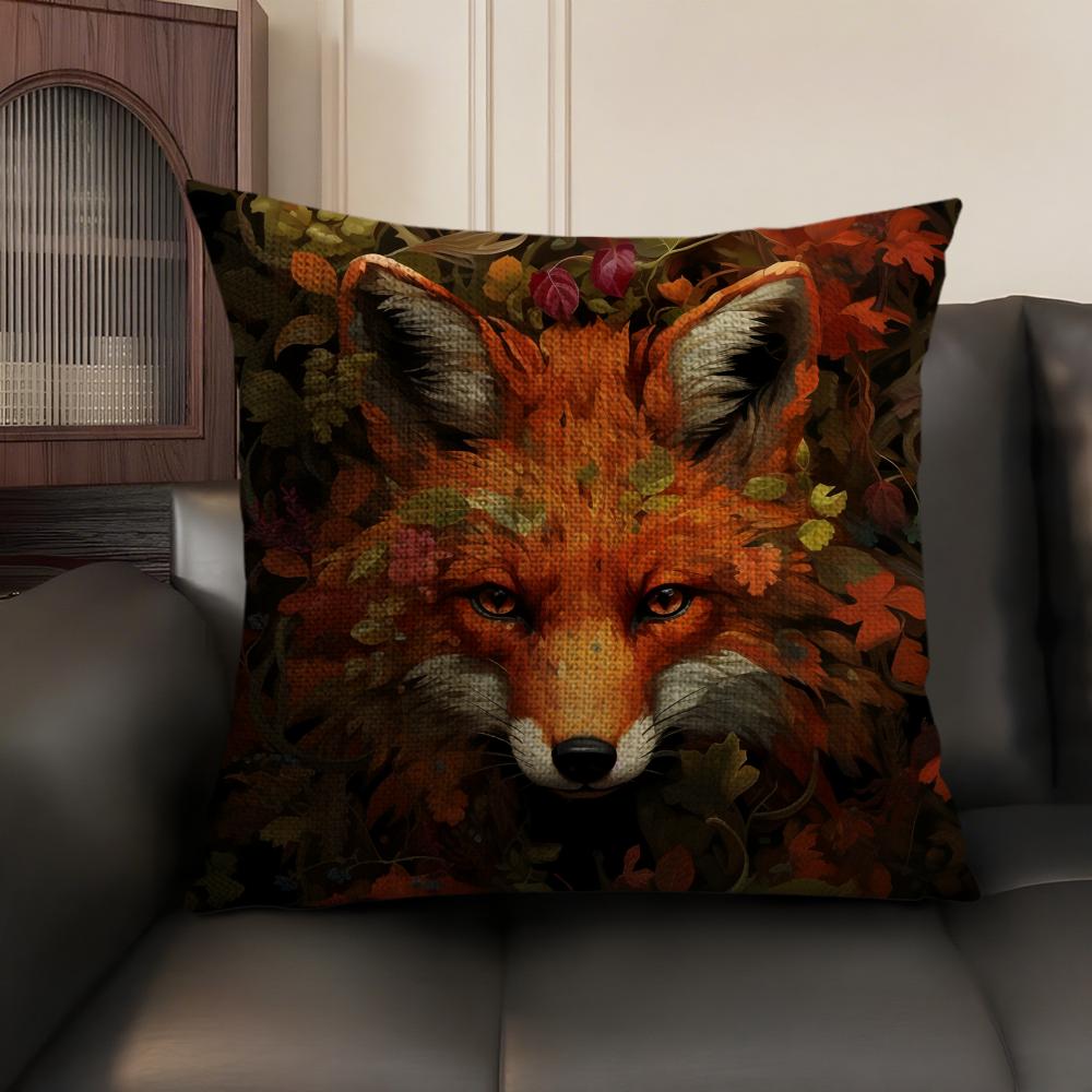 Cute Fox Cushion Cover Summer Breathable Linen Organic Fabric Double-Sided Printing Sofa Pillow Case Home Decor