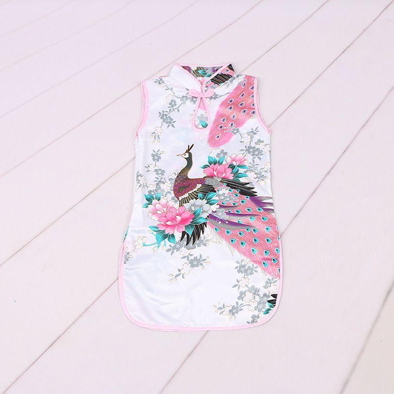 Elegant Children Girls Chinese Cheongsam Dress With Floral Peacock Pattern Sleeveless Summer Wear