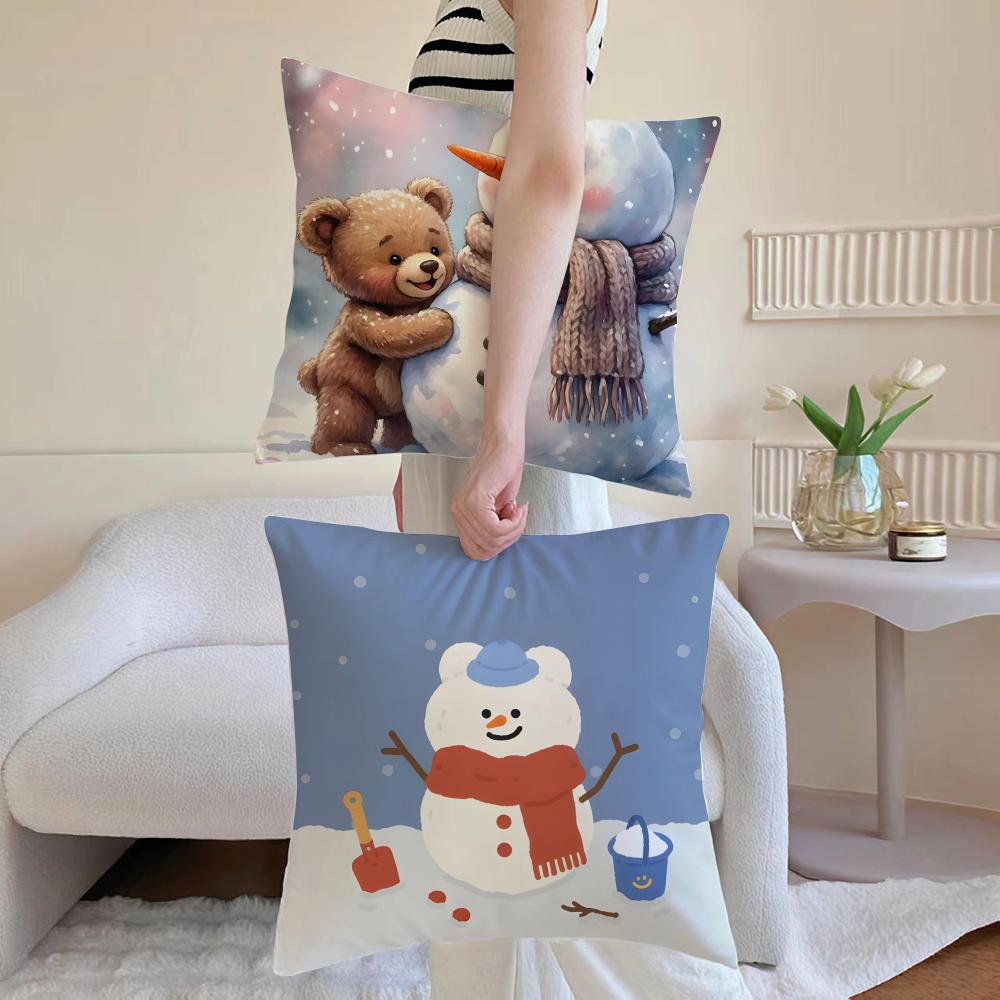 C-Christmas Snowman Bear Pillow Cute Cushion Cover Daily Washable Linen Pillowcase Soft For Sofa Bed Home Room Decor