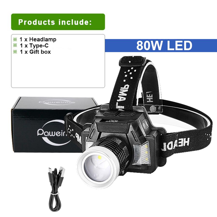 80W LED Çok Modlu Sensörlü Far Su Geçirmez Ayarlanabilir Far Güç Göstergeli Far Açık Hava Balıkçılık Feneri