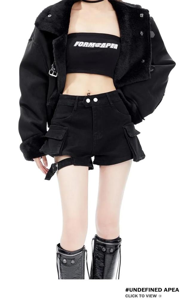 KSLAT Denim Hot Cargo Garter High Gal Korean Military Style Women's Shorts, Pants, Pants, Jeans, Waist, A-Line, Style, Casual, Summer, Sexy, (Color 4,