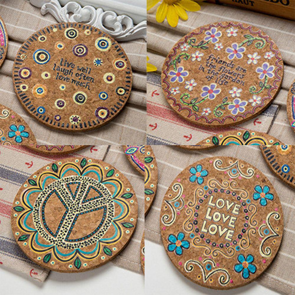 

4 шт. Натуральная пробка Круглый коврик для чашки Подставки для напитков Теплоизоляция Узорчатый держатель для горшка Коврики для журнального столика Настольные кухонные принадлежности