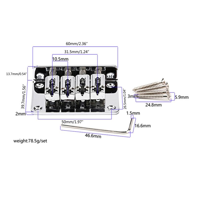 4 String Fixed Hardtail Bridge Vintage Bent Saddle Replacement Electric Guitar Bridge with Screws and Wrench Durable
