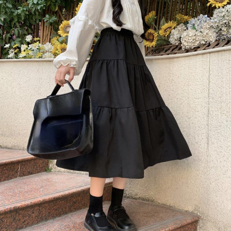 Kawaii Schwarz Langer Rock Damen Japanisch Lolita Niedlich Patchwork Hohe Taille Locker A-Linie Midirock Lässig Herbst Soft Girl