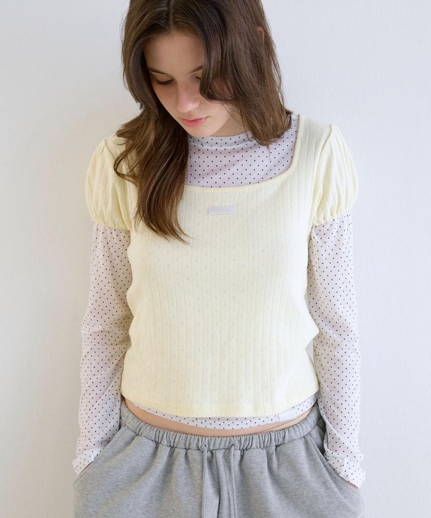 LETTER FROM MOON Square Neck Puff Short Sleeve Tee (Cream Yellow)