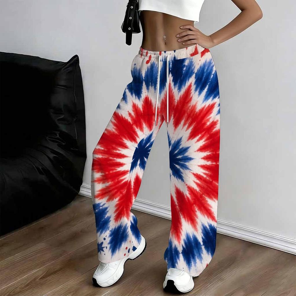 Women Plus Size Loose Straight Leg Full Length Pants Red White Blue Star Stripe Printed