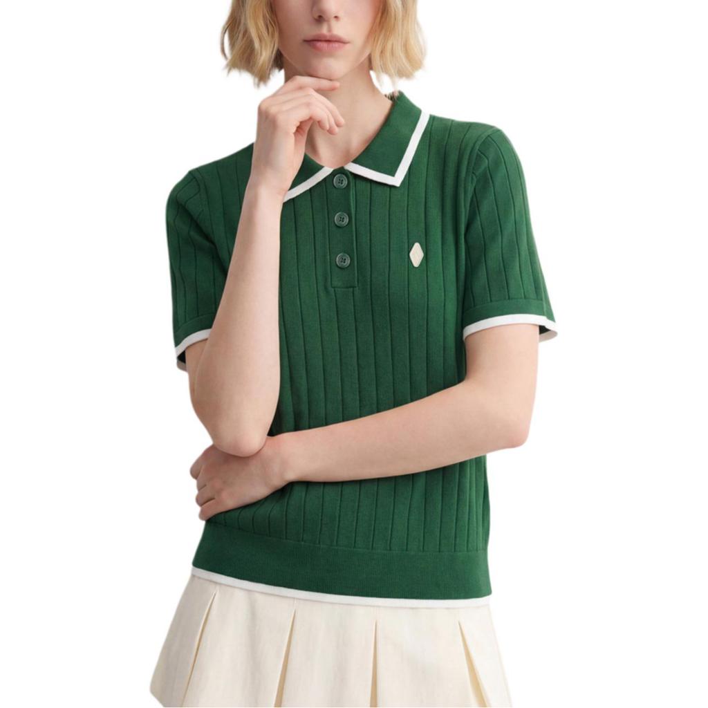 Skechers Classic Series Knitted Retro Color Block Short Sleeve Polo Shirt Women Tops L226W065-01WN
