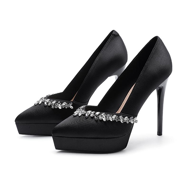 

1233-8 Temperament sexy waterproof table high heels women s V-shaped rhinestone pointed thin heel high heels not tired feet single shoes 40