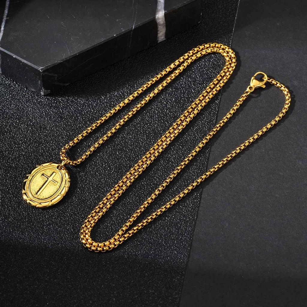 Vnox Oval Double Sided Cross Pendant Necklace for Men, Stainless Steel Gold Silver Color Chain Necklace Religious Faith Collar