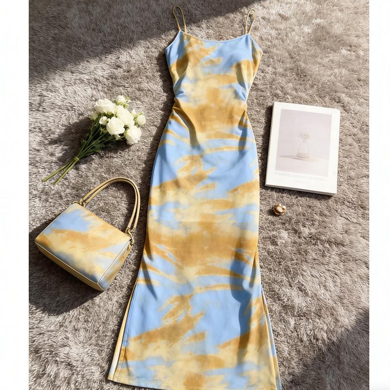 Dress High-end High-end Sense Gentle Wind Waist Thin Spice Girl Long Skirt Trendy French Tie-dye Suspenders