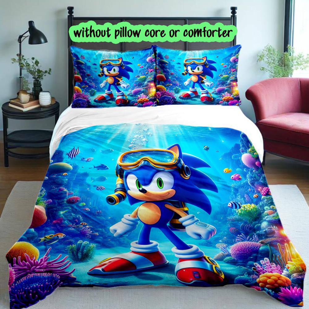 3pcs Sonic Duvet Cover Set for Dorm Room Guest Room Decor, Soft Breathable, Not Comforter Set