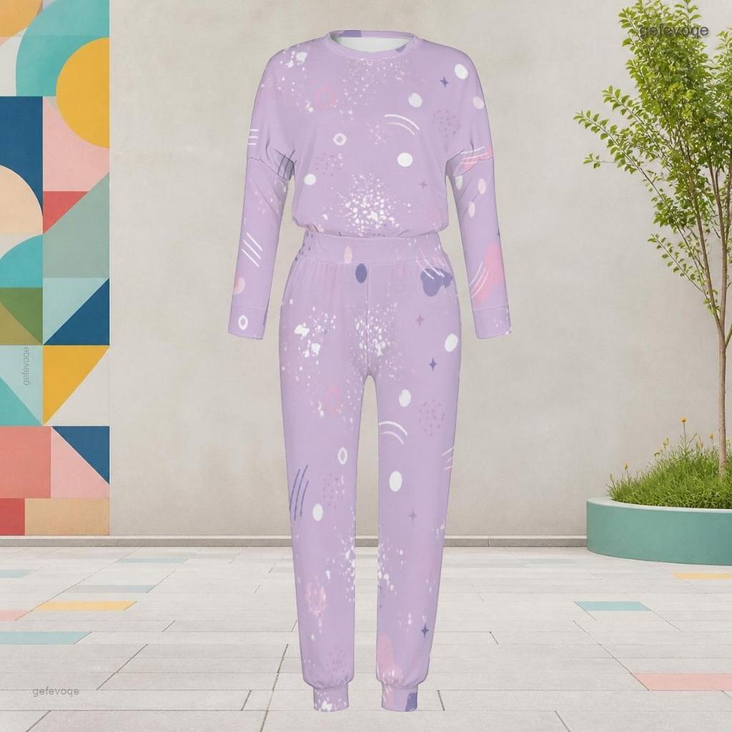 Women Plus Size Dark Purple Halloween Printed Round Neck Long Sleeve Cuffed Top Pocket Cuffed Pants Two Piece Set