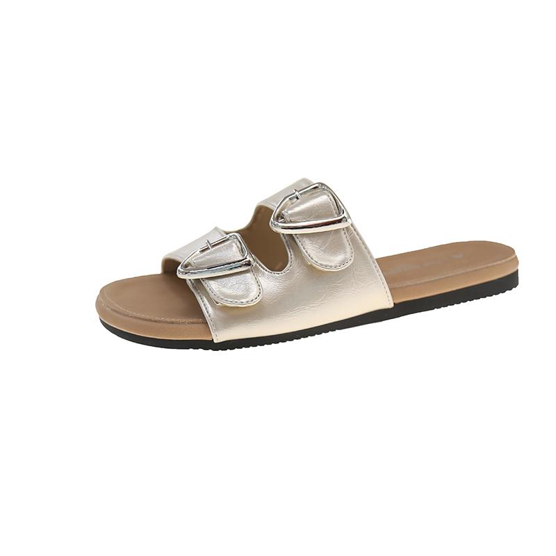 Fashion Belt Buckle Slippers Women's Fashion Round Head Open Toe Metal Buckle Soft Soled Non-slip Wear-resistant Flat Shoes