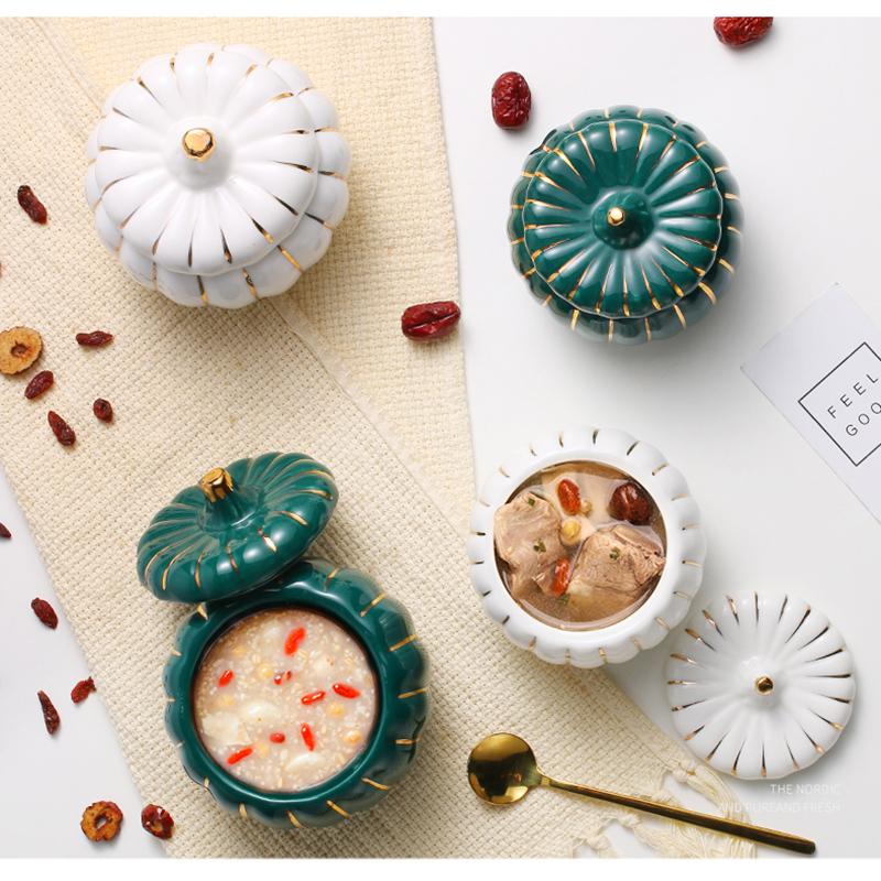 Ceramic Pumpkin Bowl with Lid Creative Soup Cup Steamed Egg Bird's Nest Small Stew Cup Kitchen Ceramic Fruit Dessert Salad Bowl