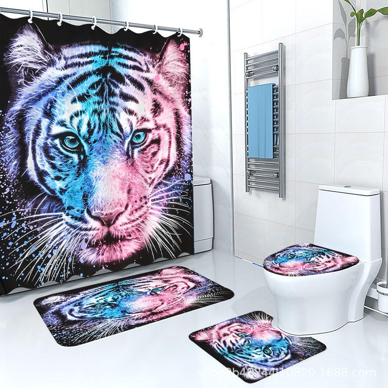 Direct Supply Digital Printing Tiger Lion Flower Animal Bathroom Curtain Non-Slip Floor Mat Bathroom Four-Piece Set