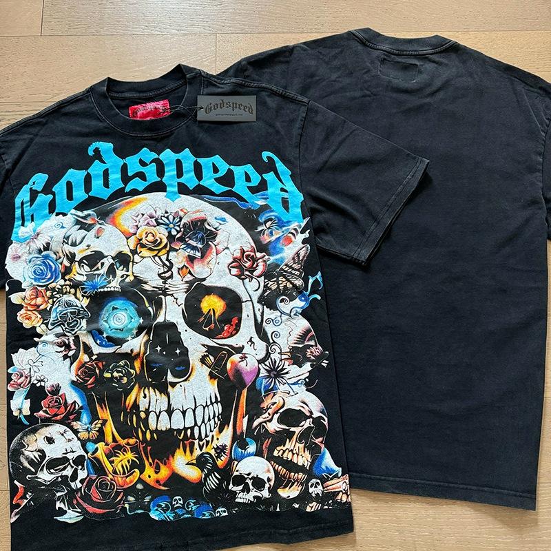 Godspeed retro printing foreign trade beauty tide high street men and women casual trend hip hop apricot old short sleeve T-shirt