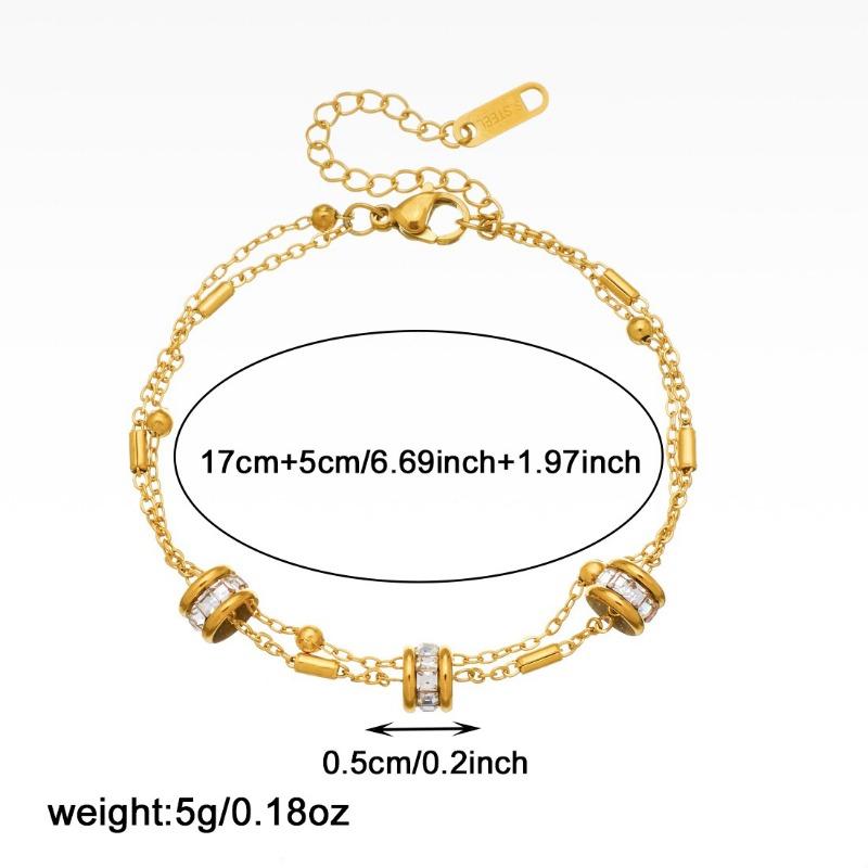 Gold Stainless Steel Cz Pave Cylinder Charm Double Chain Bracelet