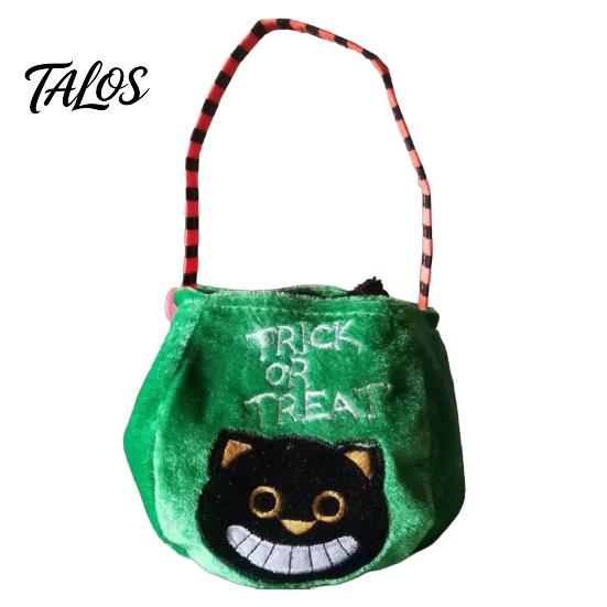 Halloween Süßes oder Saures Eimer, 9,8x5,9 Zoll Kürbis Hexe Schwarze Katze Plüsch Tragetasche, Weicher Süßigkeitenkorb mit Griff für Halloween Party Mitgebsel