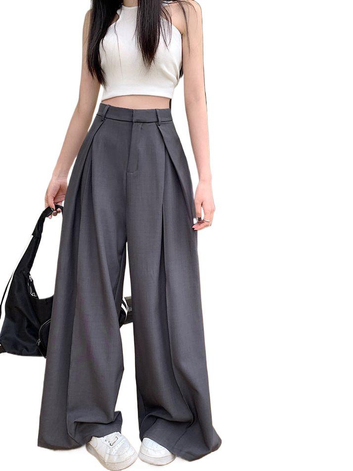 Gray High-Waisted Wide-Leg Women's Pants - Spring/Autumn Drapey Versatile Suit Pants, Loose and Slimming Casual Fit