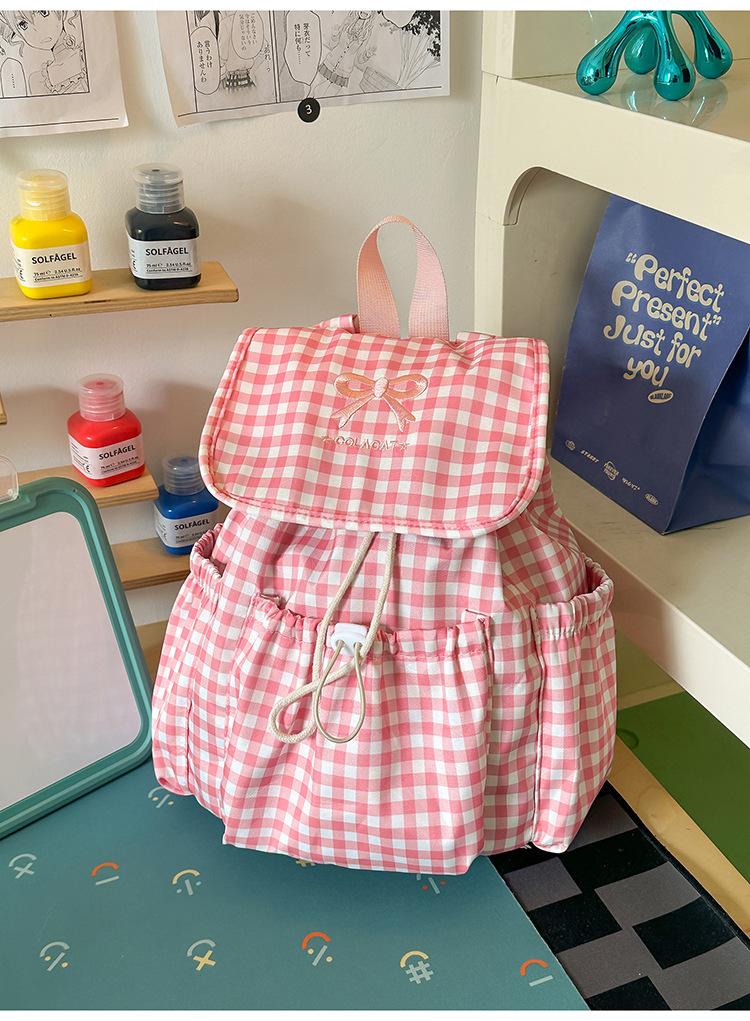 Schoolbag sea salt light blue plaid drawstring flip bag sweet milk huhu little fairy daily shopping photo backpack