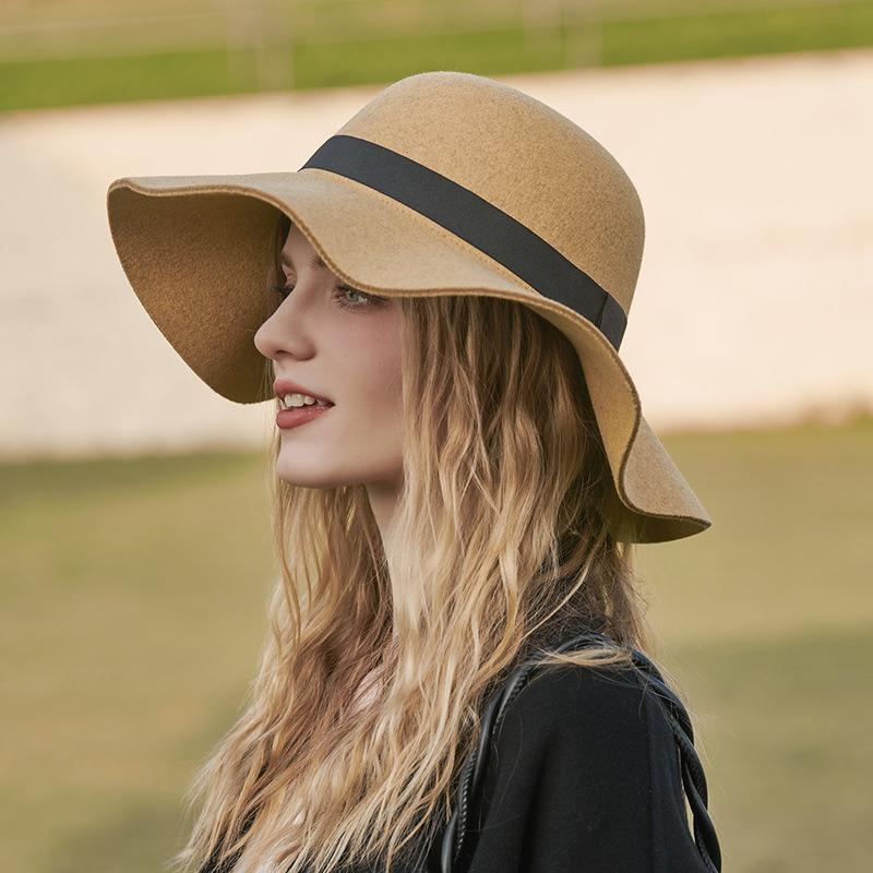 New fashion big eaves hat, khaki yellow autumn and winter British retro wave hat women