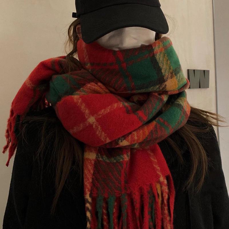 Women's Winter Plaid Christmas Red Cashmere-Feel Shawl Scarf