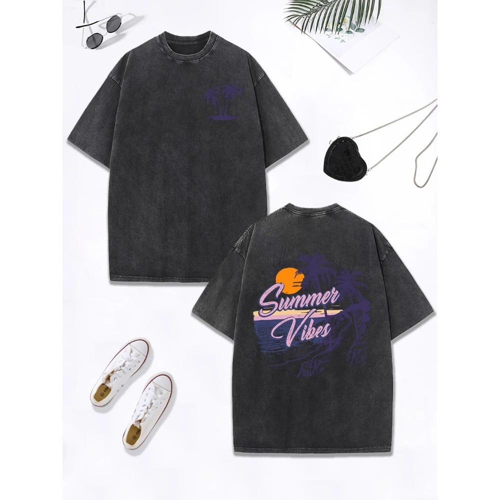 Summer Vibes Beach Sunset Coconut Tree Prints Washed T-Shirt Women Cotton Tops Retro O-Neck T Shirt Street Clothes