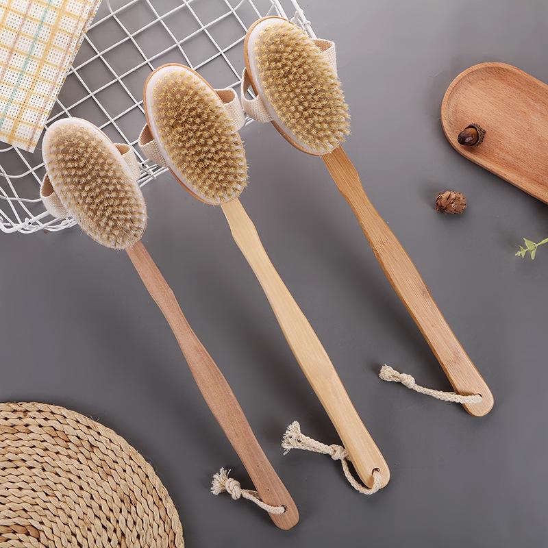 Wooden Boar Bristle Bath Brush with Long Handle for Scrubbing and Massage