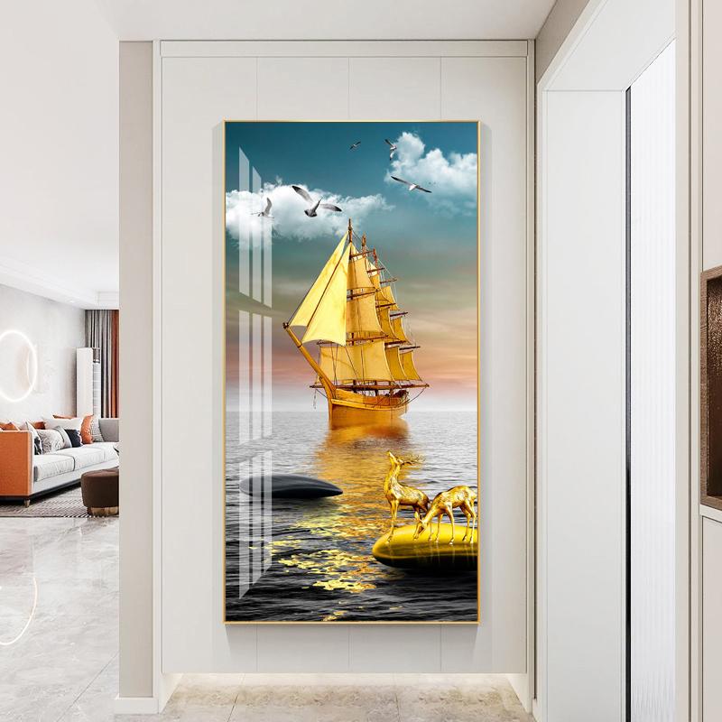 New Chinese Golden Boat Ship Canvas Painting Lucky Stone Zen Posters Landscape Wall Art Pictures for Living Room Porch Decor