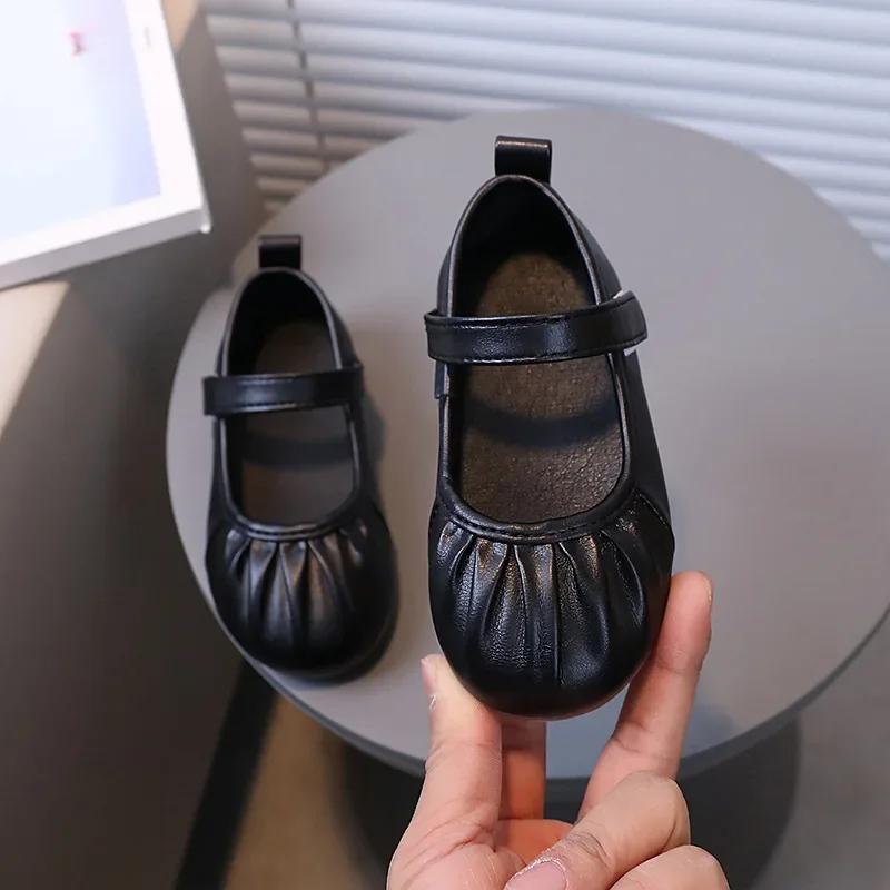 Girls Soft Sweet Princess Dance Shoes for Party Wedding Children's Fashion Pleated Leather Shoes Kids New Chic Solid Color Flats
