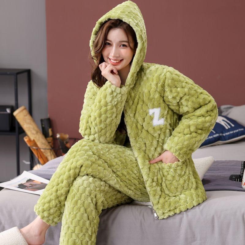 Pajamas women's winter three-layer thickened models fleece coral fleece warm padded cotton autumn and winter women's loungewear