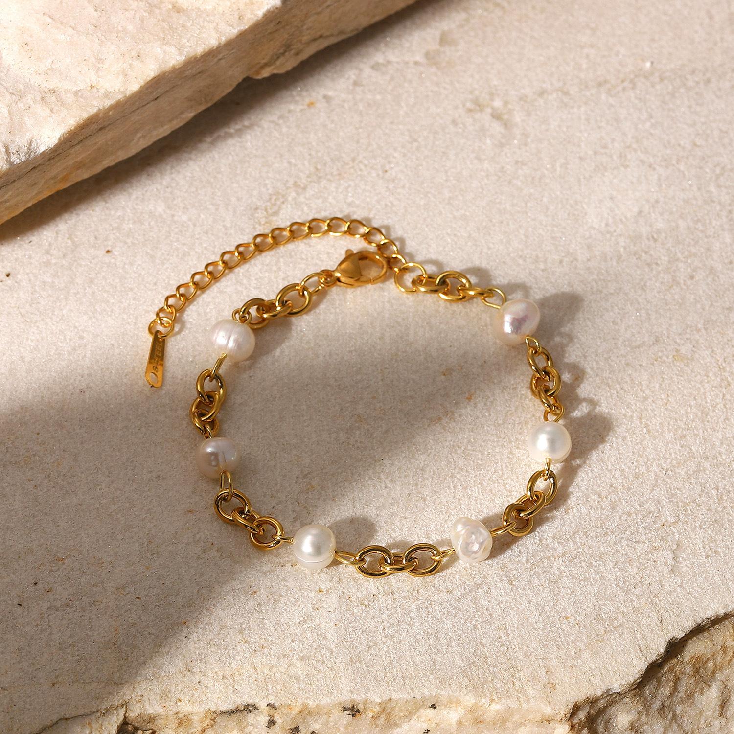 

2025INS Титановая сталь 18-каратное золотое покрытие 4-5 мм натуральный пресноводный жемчуг цепочка браслет для женщин