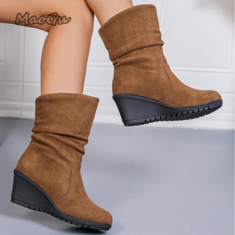 Fashion Women's Round Toe Short Boots Autumn Winter New Leopard Slip-On Ankle Booties Pleated Wedge Botines Para Mujeres Size 35-40