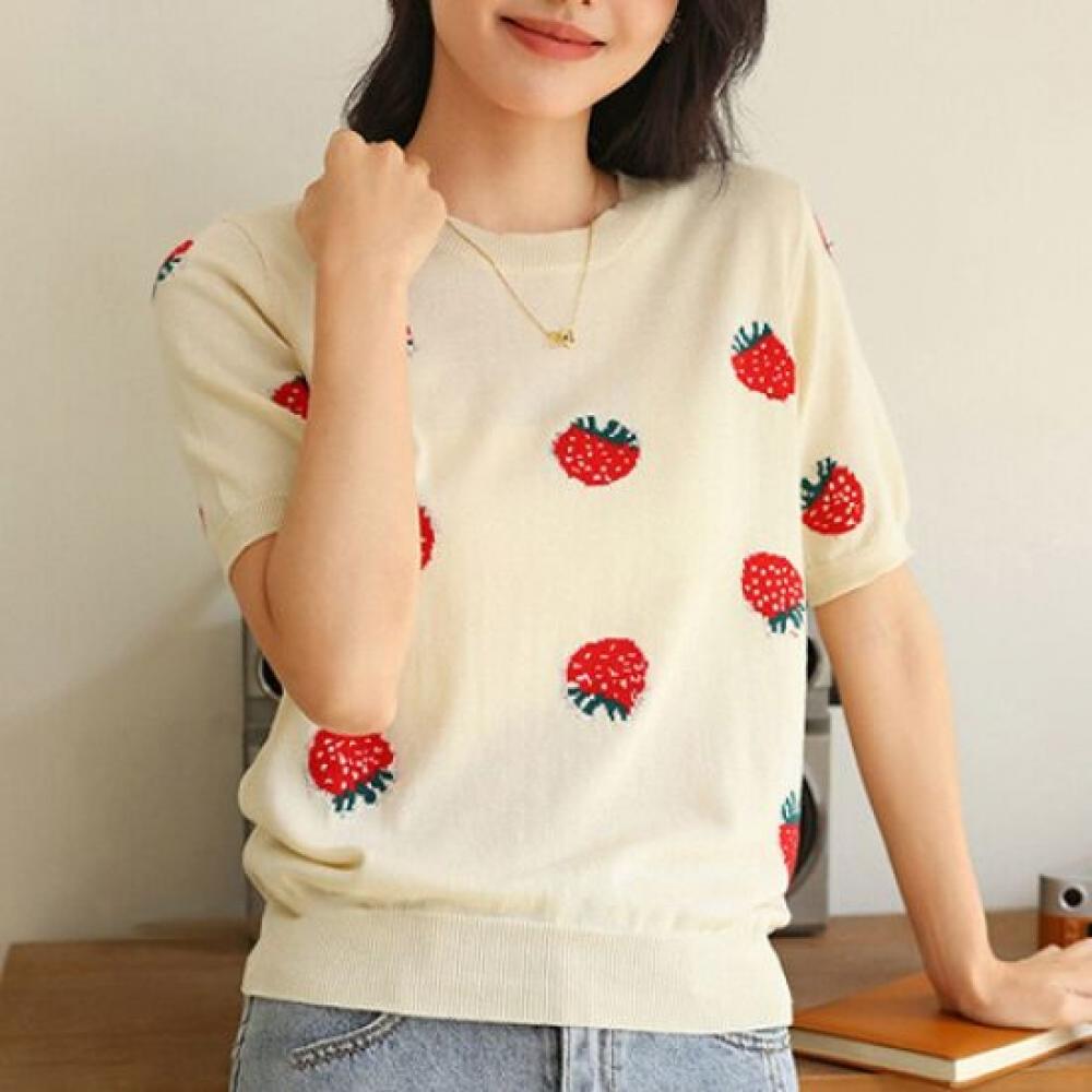 Navava Nk2015 Strawberry Round Neck Short Sleeve Knit Tee