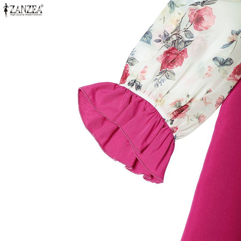 ZANZEA Women Stand Collar Floral Print Splice 3/4 Sleeve Blouse