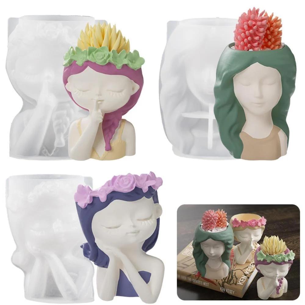 Silikonform 3D Søt Jente Blomsterpotteform DIY Håndlagde Håndverk Gips Lys Krystall Epoksyharpiksform for Hjemmedekorasjoner