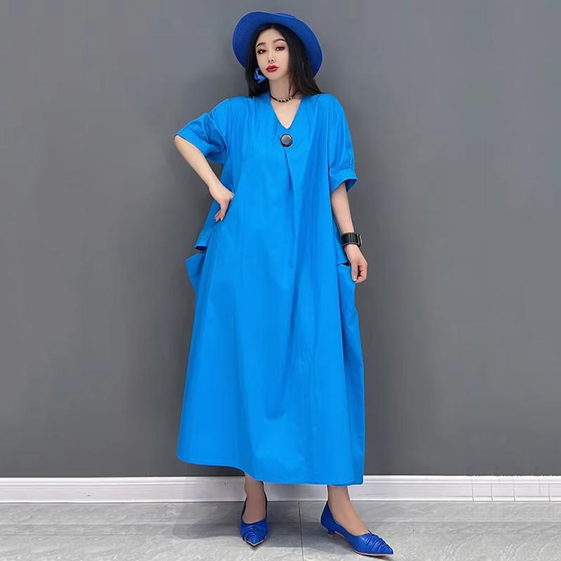 

XITAO Casual V-neck Pocket Female Dress ZMY1079 One Size синий