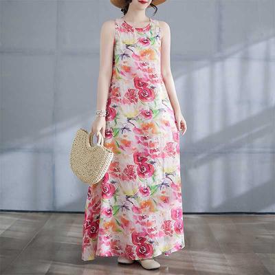 New Boho Long Dress Summer New Style Add Fat To Increase Sleeveless Crew-neck Print Dress