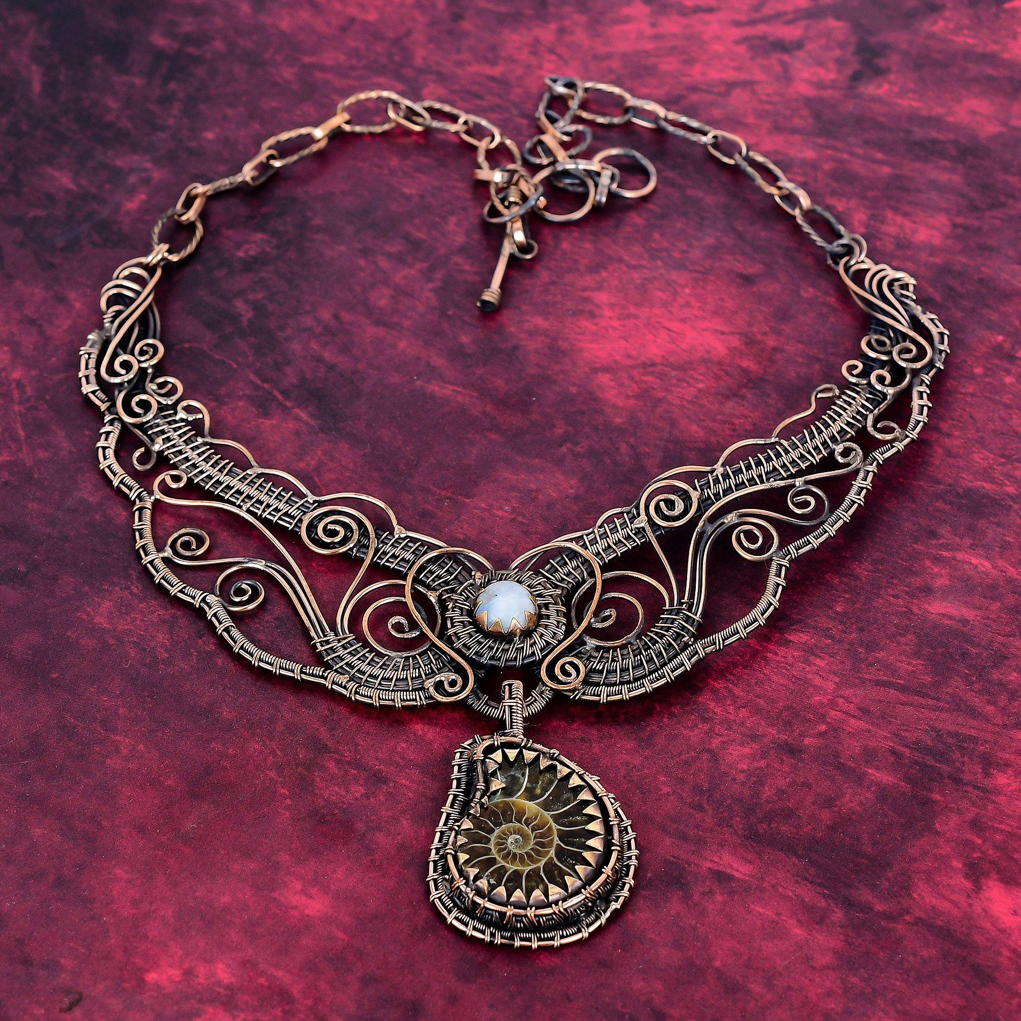 

Ammonite Fossil Necklace Rainbow Moonstone Necklace Copper Wire Wrapped Adjustable Necklace Adjustable