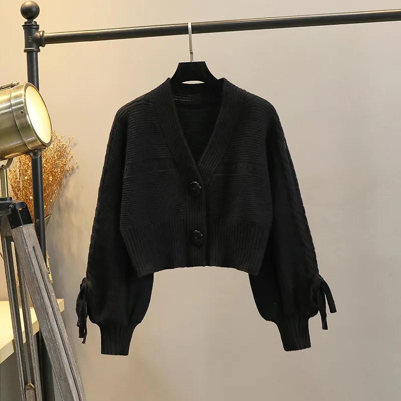 Damen Herbst und Winter High-End Kurzer Strick-Cardigan V-Ausschnitt Laternenärmel Pullover Mantel Damen Tops