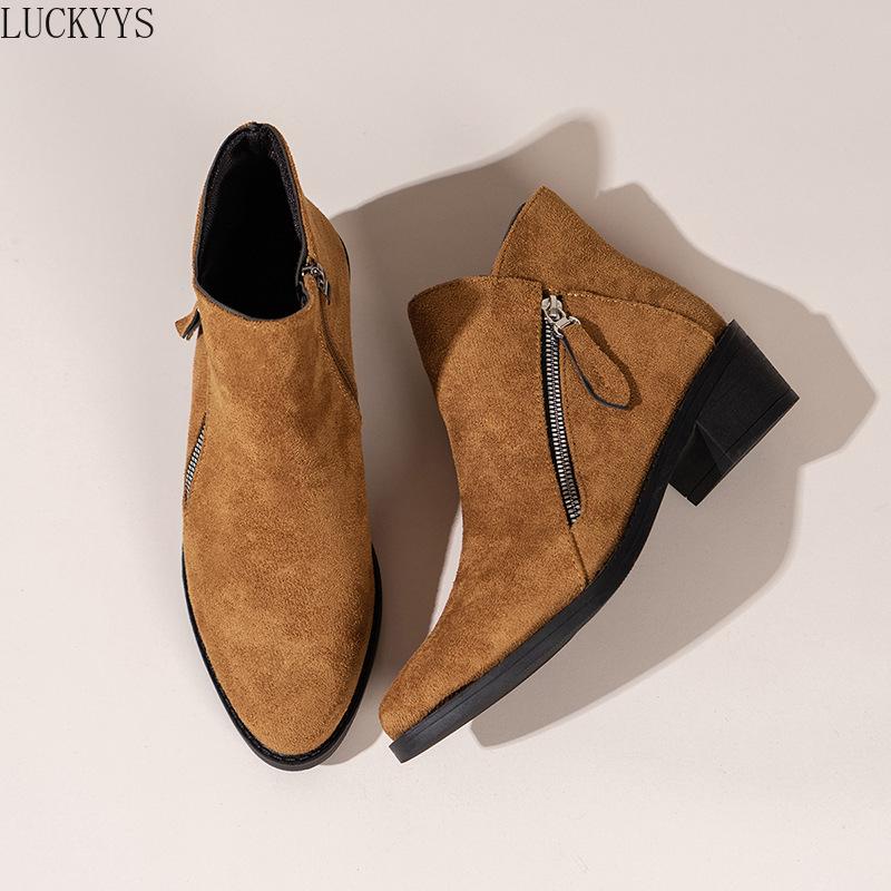 Modische Wildleder-Reißverschluss-Stiefeletten für Damen 2025 Herbst Spitz Damen Schuhe Gewebtes Patchwork Damenstiefel Prägnanter Blockabsatz Chelsea Boots